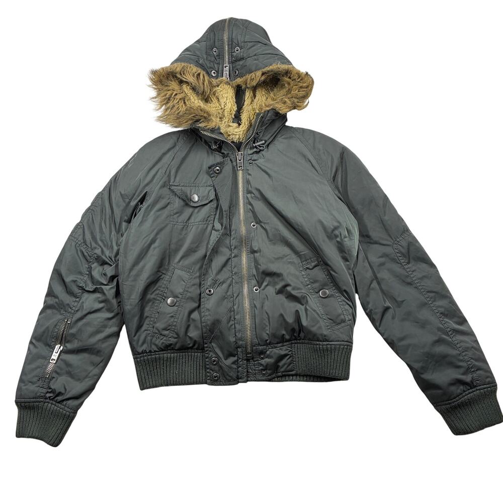 Vintage American Eagle Jacket Medium Green Faux Fur Hoodie Bomber Zip 2000s Y2K
